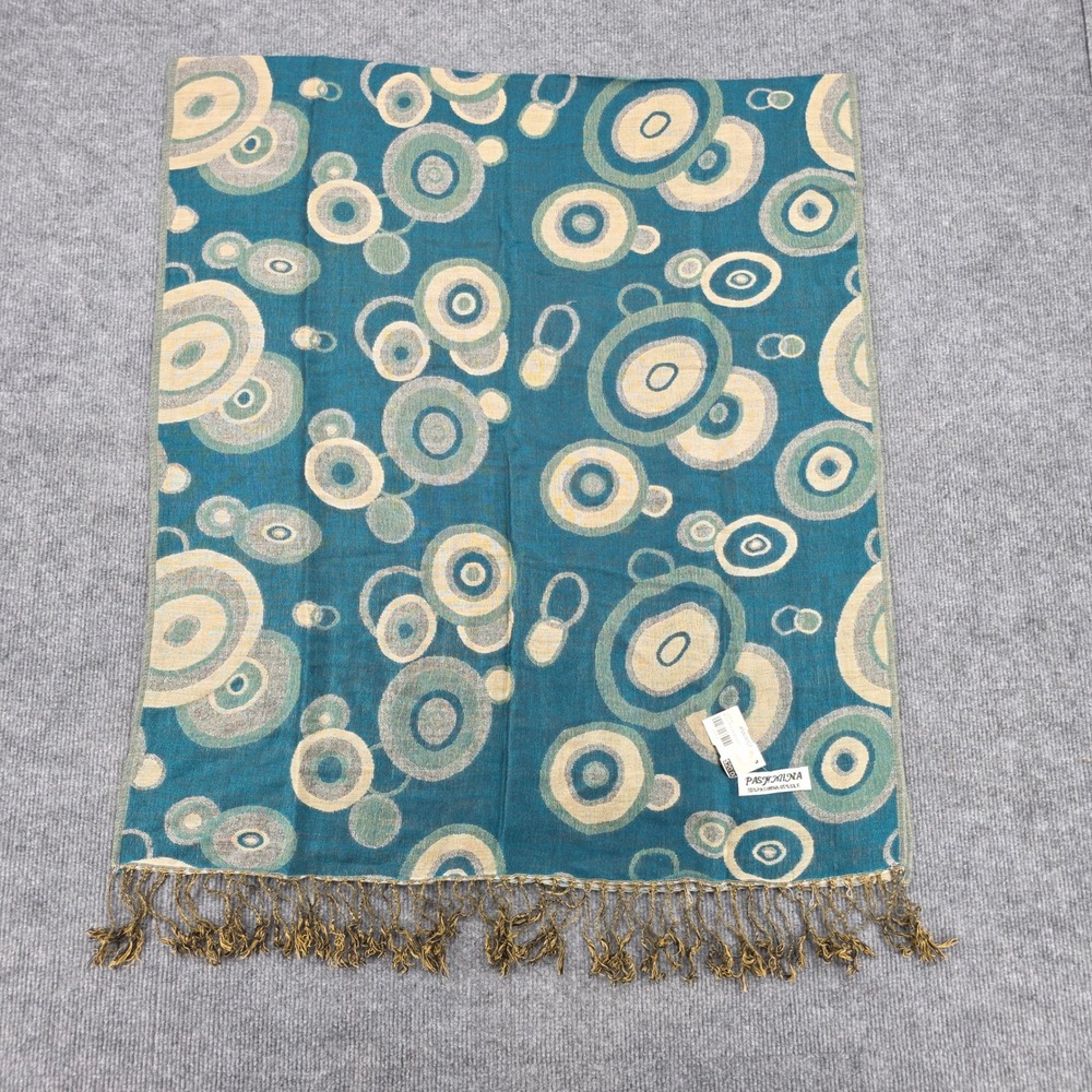Pashmina Silk Blend Scarf Teal Gold Geometric Circle Print Fringe Wrap NEW
